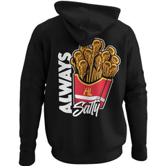 Hobo Lax Always Salty lacrosse hoodie in black color featuring lacrosse stick French fries graphic