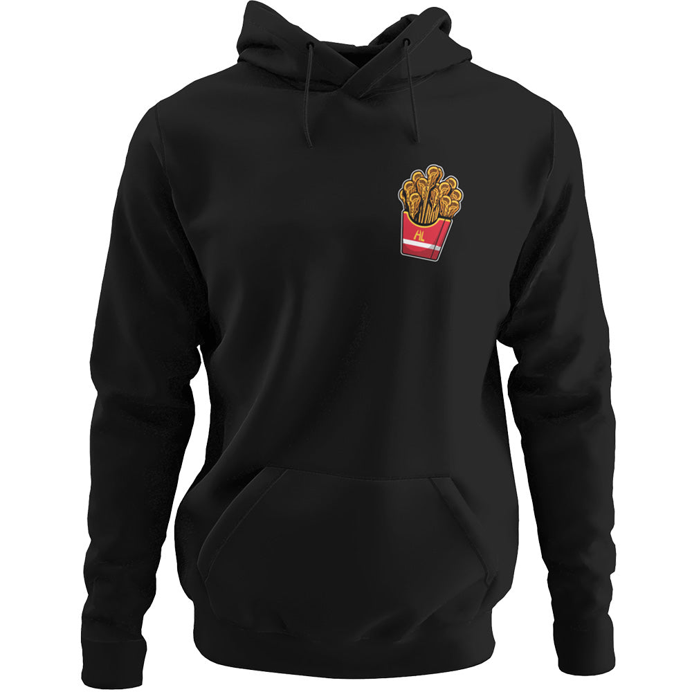 Hobo Lax Always Salty lacrosse hoodie in black color featuring lacrosse stick French fries graphic