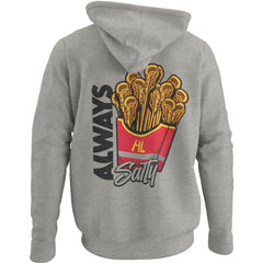Hobo Lax Always Salty lacrosse hoodie in heather grey color featuring lacrosse stick French fries graphic