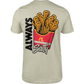 Hobo Lax Always Salty lacrosse t-shirt in sand color featuring lacrosse stick fries graphic