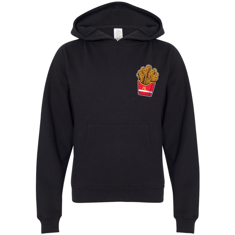 Hobo Lax Always Salty youth lacrosse hoodie in black color featuring lacrosse stick French fries graphic