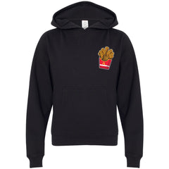 Hobo Lax Always Salty youth lacrosse hoodie in black color featuring lacrosse stick French fries graphic