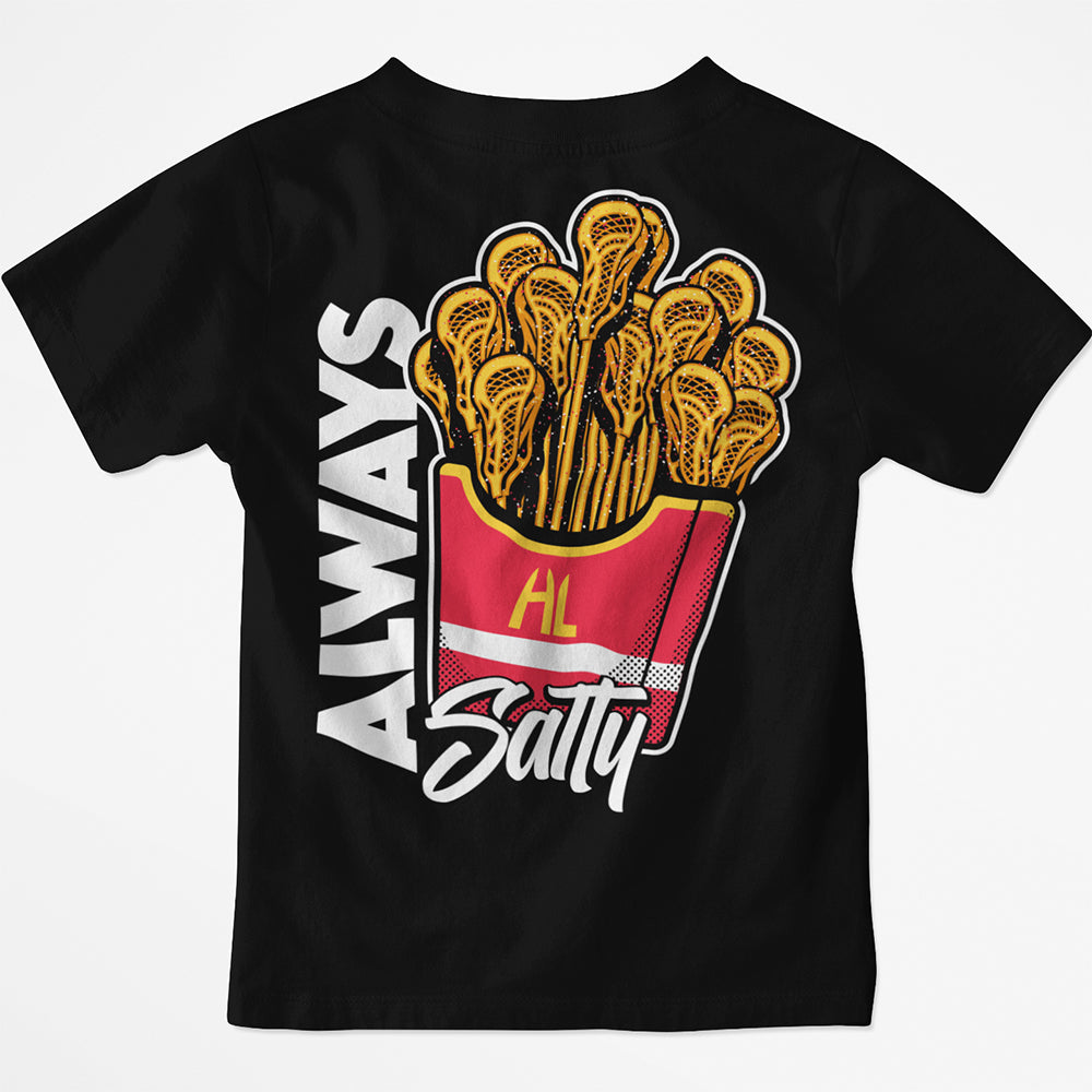 Hobo Lax Always Salty youth lacrosse t-shirt in black color featuring lacrosse stick fries graphic