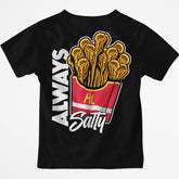 Hobo Lax Always Salty youth lacrosse t-shirt in black color featuring lacrosse stick fries graphic