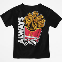 Hobo Lax Always Salty youth lacrosse t-shirt in black color featuring lacrosse stick fries graphic