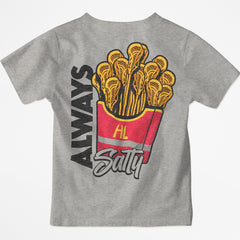 Hobo Lax Always Salty youth lacrosse t-shirt in sand color featuring lacrosse stick fries graphic