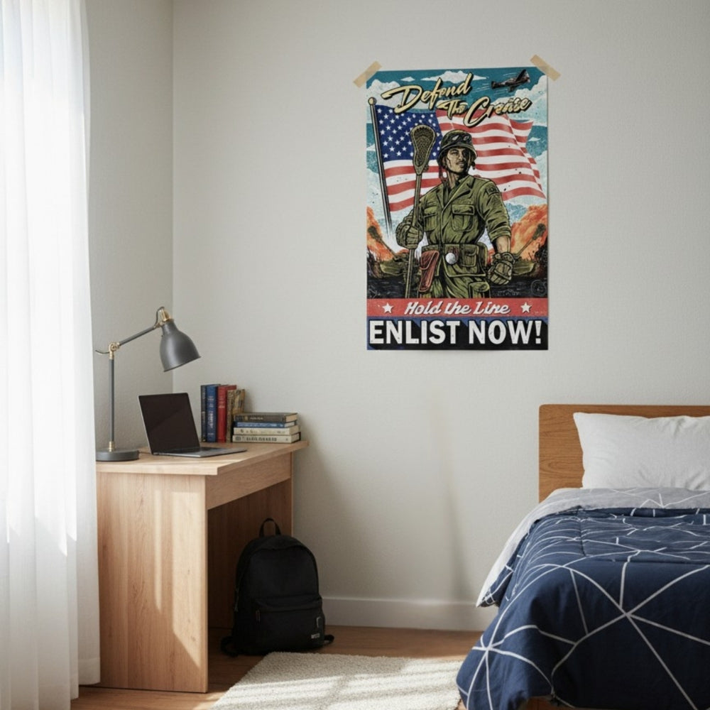 Room interior with a desk, bed, and vintage-style For Crease & Country Hobo Lax Poster on the wall.
