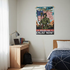 Room interior with a desk, bed, and vintage-style For Crease & Country Hobo Lax Poster on the wall.