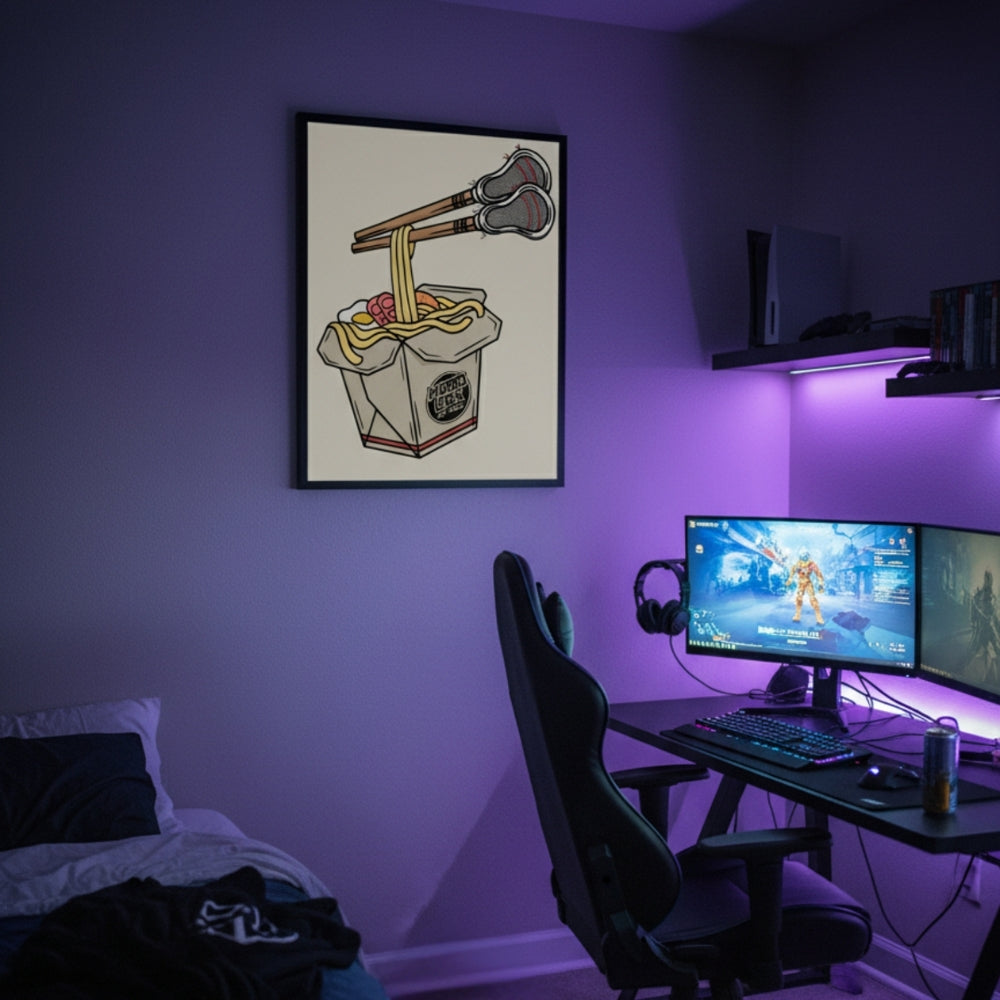 Hobo Lax Get Nood lacrosse poster featuring takeout box with lacrosse sticks as chopsticks picking up noodles