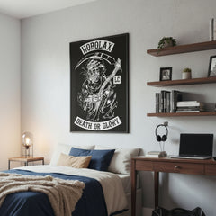 Hobo Lax Grim Ripper lacrosse poster featuring grim reaper in lacrosse gear with Death or Glory text in black and white design