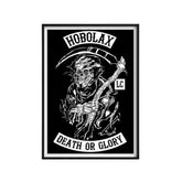 Hobo Lax Grim Ripper lacrosse poster featuring grim reaper in lacrosse gear with Death or Glory text in black and white design