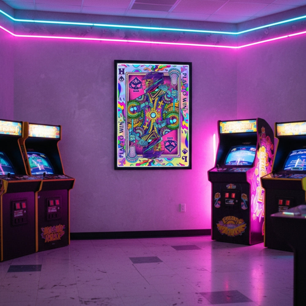 Arcade room with vintage games and colorful wall art on a purple wall and Hobo Lax Play to Win poster