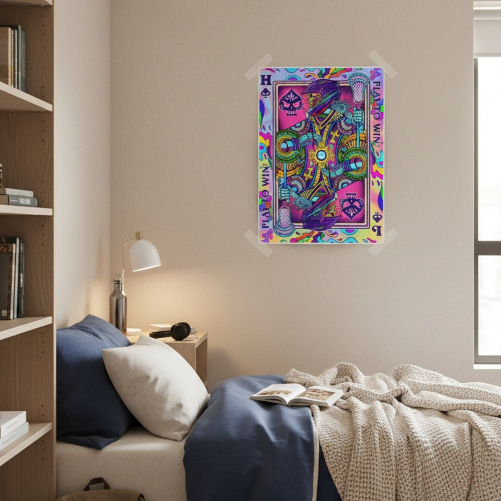 Colorful and Hobo Lax Play to Win poster on a wall above a bed in a bedroom