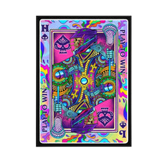 Colorful playing card with intricate designs and symbols on a white background