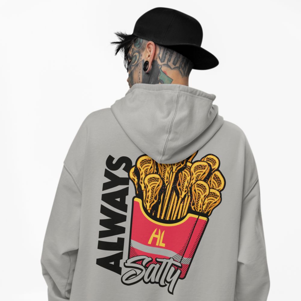 Hobo Lax Always Salty lacrosse hoodie in heather grey color featuring lacrosse stick French fries graphic