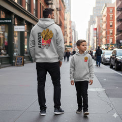 Hobo Lax Always Salty youth lacrosse hoodie in heather grey color featuring lacrosse stick French fries graphic