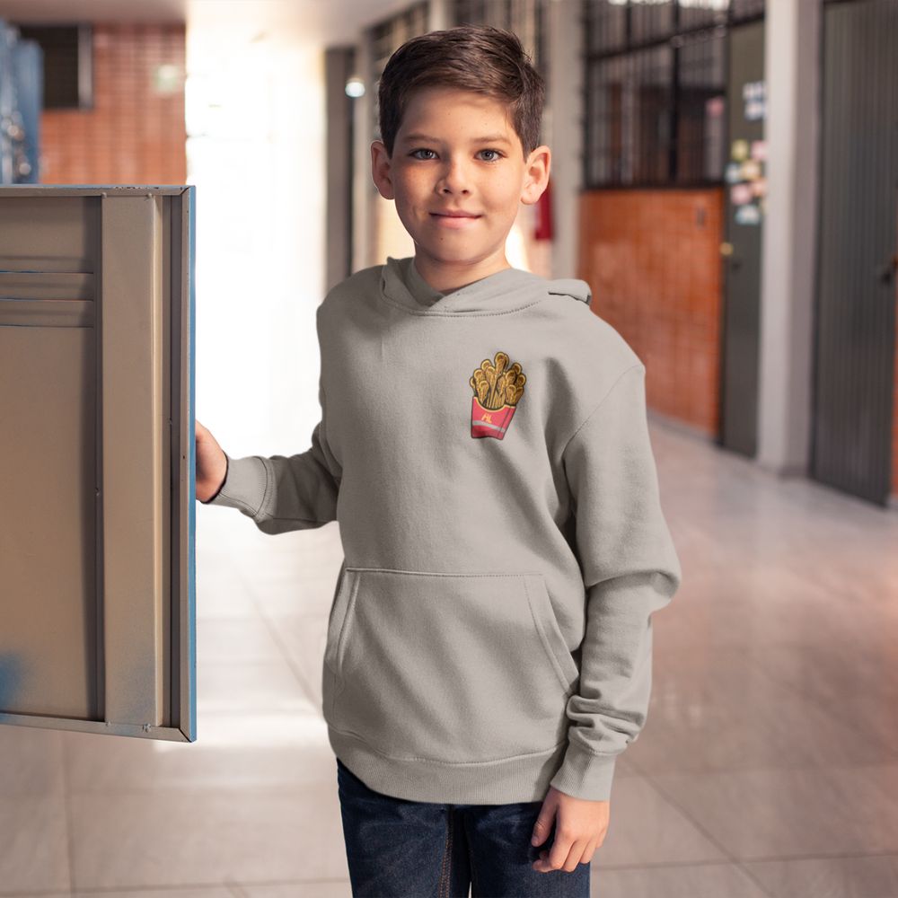 Hobo Lax Always Salty youth lacrosse hoodie in heather grey color featuring lacrosse stick French fries graphic