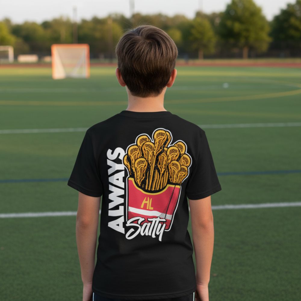 Hobo Lax Always Salty youth lacrosse t-shirt in black color featuring lacrosse stick fries graphic