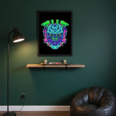 Colorful Hobo Lax Tilt poster art piece on a dark green wall with a black lamp and brown chair.
