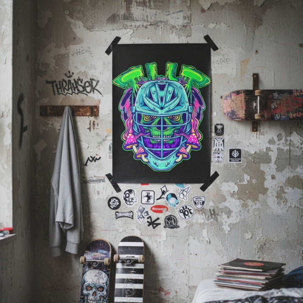 Hobo Lax Tilt poster on a black background hanging on a textured wall with skateboards and stickers below.