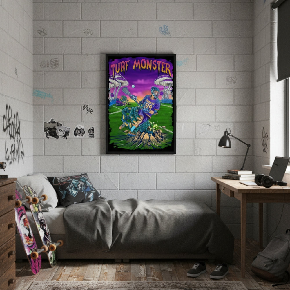 Hobo Lax Turf Monster poster hanging on bedroom wall showing vibrant purple sunset and lacrosse scene