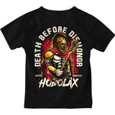 Death Before Dishonor youth lacrosse t-shirt with warrior in armor holding lacrosse stick design on sand colored tee from Hobo Lax