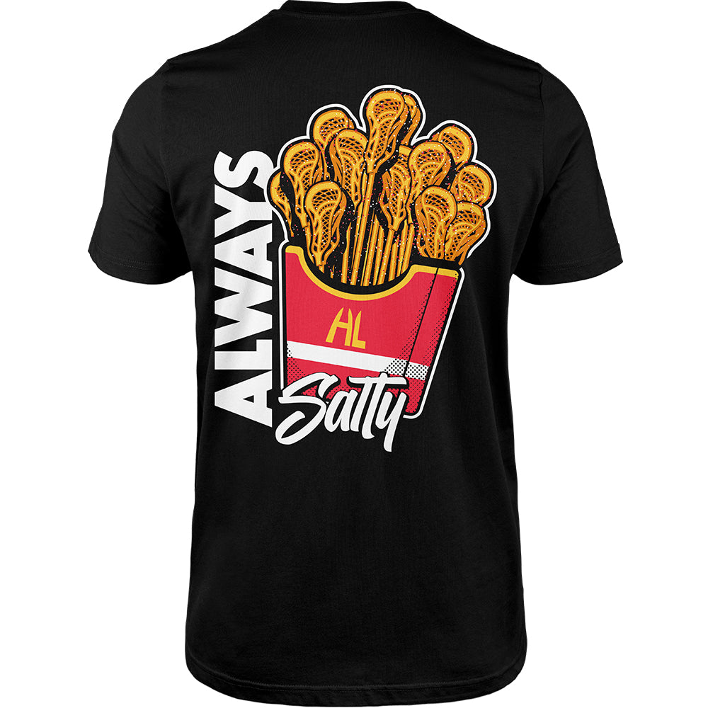 Hobo Lax Always Salty lacrosse t-shirt in black color featuring lacrosse sticks designed as French fries graphic