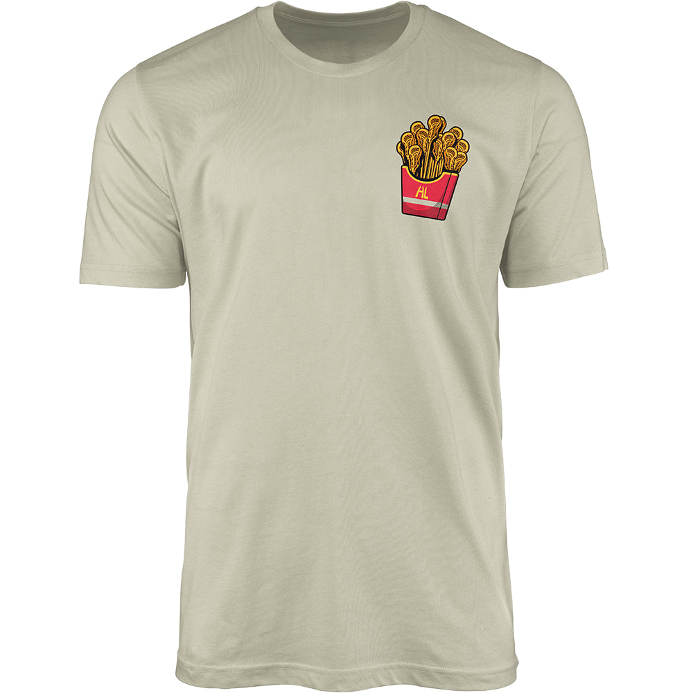 Hobo Lax Always Salty lacrosse t-shirt in sand color featuring lacrosse sticks designed as French fries graphic