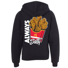 Hobo Lax Always Salty youth lacrosse hoodie in black color featuring lacrosse stick French fries graphic