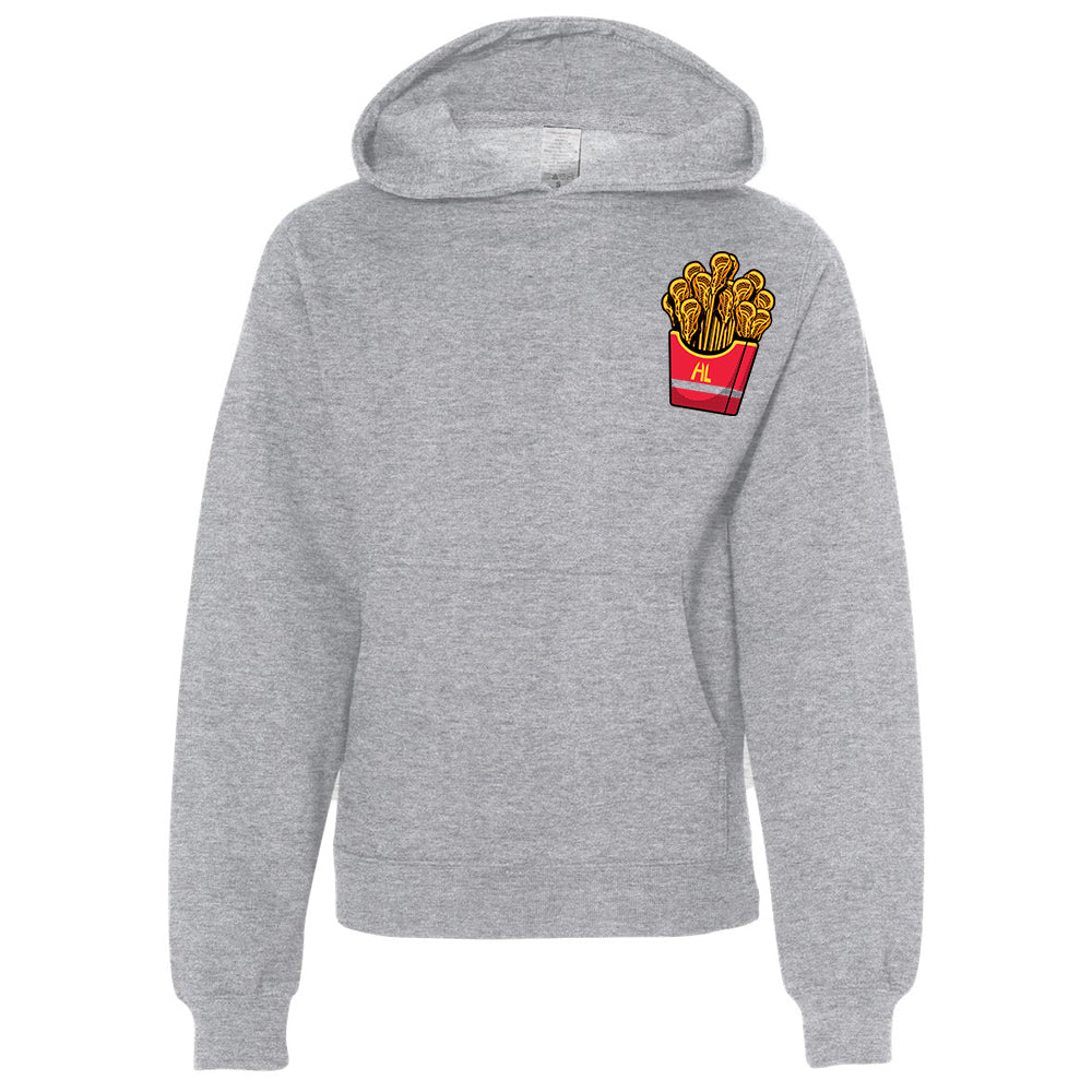 Hobo Lax Always Salty youth lacrosse hoodie in heather grey color featuring lacrosse stick French fries graphic