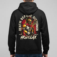 Death Before Dishonor black lacrosse hoodie with warrior in armor holding lacrosse stick design with gold and crimson accents from Hobo Lax