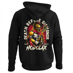 Death Before Dishonor black lacrosse hoodie with warrior in armor holding lacrosse stick design with gold and crimson accents from Hobo Lax