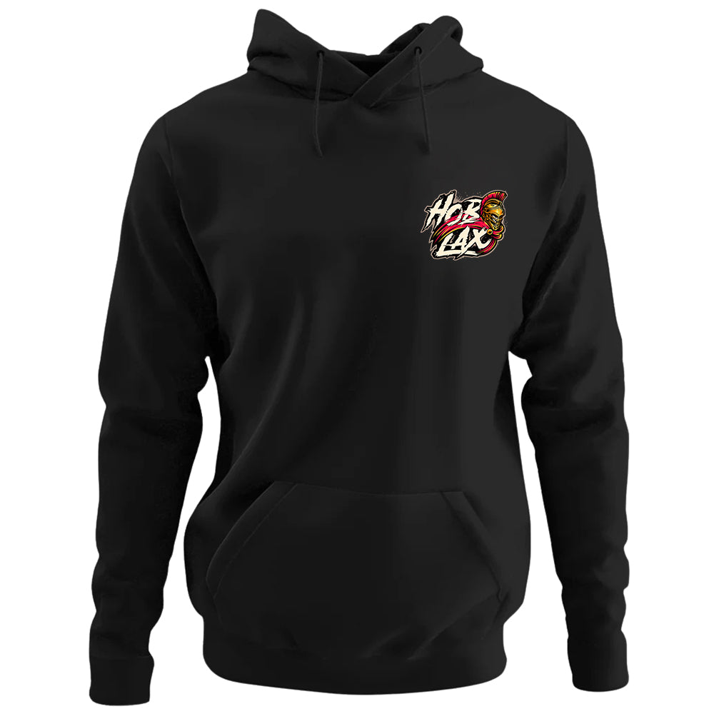 Death Before Dishonor black lacrosse hoodie with warrior in armor holding lacrosse stick design with gold and crimson accents from Hobo Lax