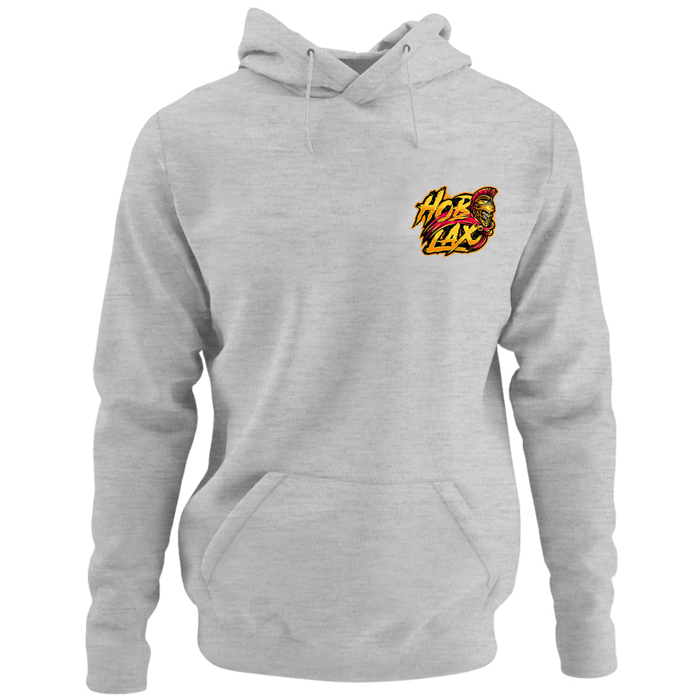 Death Before Dishonor black lacrosse hoodie with warrior in armor holding lacrosse stick design with gold and crimson accents from Hobo Lax