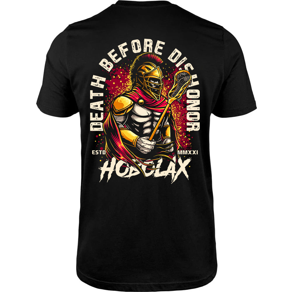 Death Before Dishonor lacrosse t-shirt with warrior in armor holding lacrosse stick design on sand colored tee from Hobo Lax
