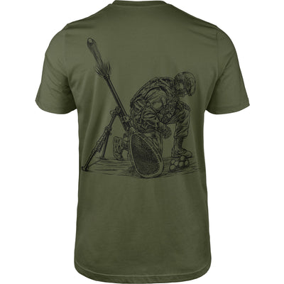 Introducing the Full Field Clear Tee from Hobo Lax's Tactical Collection. This military green t-shirt showcases a detailed black sketch of a soldier kneeling with a helmet, accompanied by a rifle with a bayonet. The design, symbolizing strength and honor, intricately covers the back.