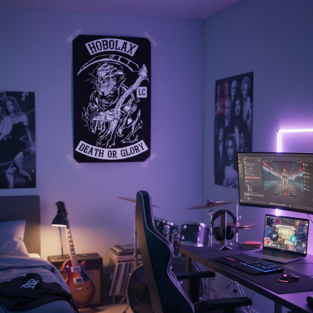 Hobo Lax Grim Ripper lacrosse poster featuring grim reaper in lacrosse gear with Death or Glory text in black and white design
