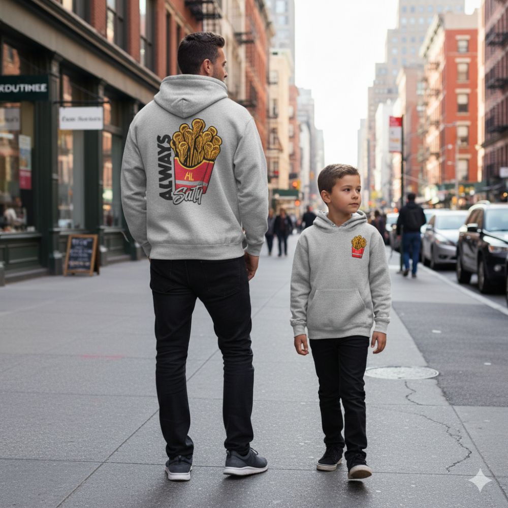 Hobo Lax Always Salty youth lacrosse hoodie in heather grey color featuring lacrosse stick French fries graphic