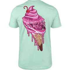 The Sideline Scoop Tee by Hobo Lax embodies the spirit of Summer 2024 with its refreshing mint hue. The T-shirt's design showcases a melting ice cream cone adorned with pink syrup, whipped cream, and a cherry on top, creatively integrating a lacrosse helmet grid pattern into the cone's surface.