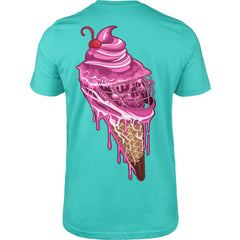 The Sideline Scoop Tee by Hobo Lax in a refreshing tropical blue color features a vibrant graphic on the back of a pink ice cream cone with a waffle texture. Topped with melting whipped cream and a cherry, this playful design makes it perfect for Summer 2024.