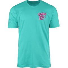 Introducing the Sideline Scoop Tee by Hobo Lax, a stylish addition perfect for Summer 2024. This tee captivates with its vibrant turquoise hue, reminiscent of refreshing mint, and is adorned with a small pink and white stylized logo that boldly states "Push Play." It effortlessly combines comfort and style.