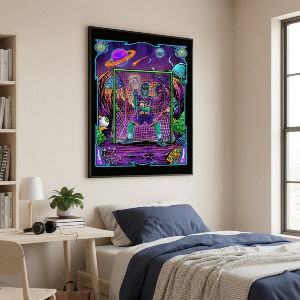 Hobo Lax The Tendy lacrosse poster featuring goalie in crease surrounded by psychedelic cosmic frame with aliens