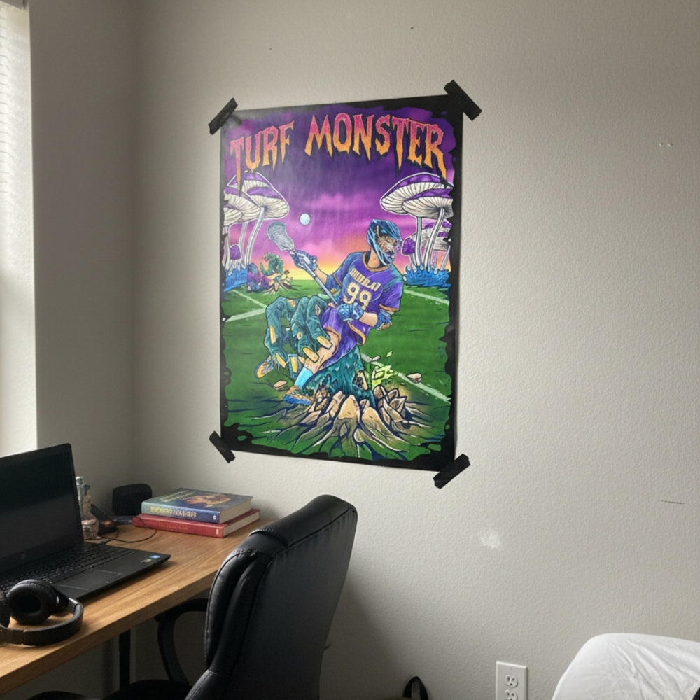 Hobo Lax Turf Monster lacrosse poster featuring player being pulled into ground by monster with psychedelic mushrooms
