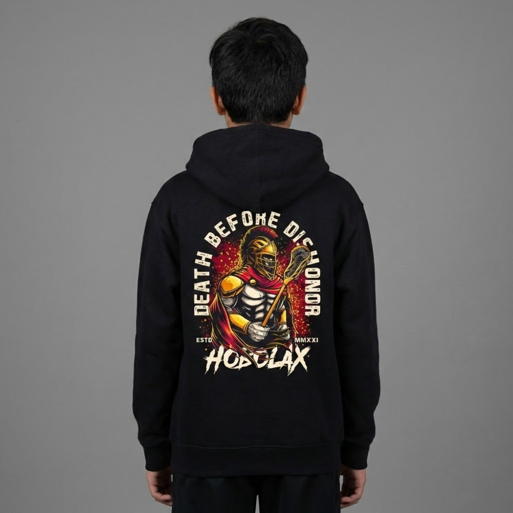 Death Before Dishonor youth black lacrosse hoodie with warrior in armor holding lacrosse stick design with gold and crimson accents from Hobo Lax