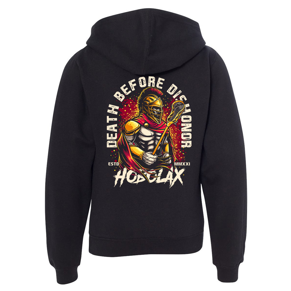 Death Before Dishonor youth black lacrosse hoodie with warrior in armor holding lacrosse stick design with gold and crimson accents from Hobo Lax