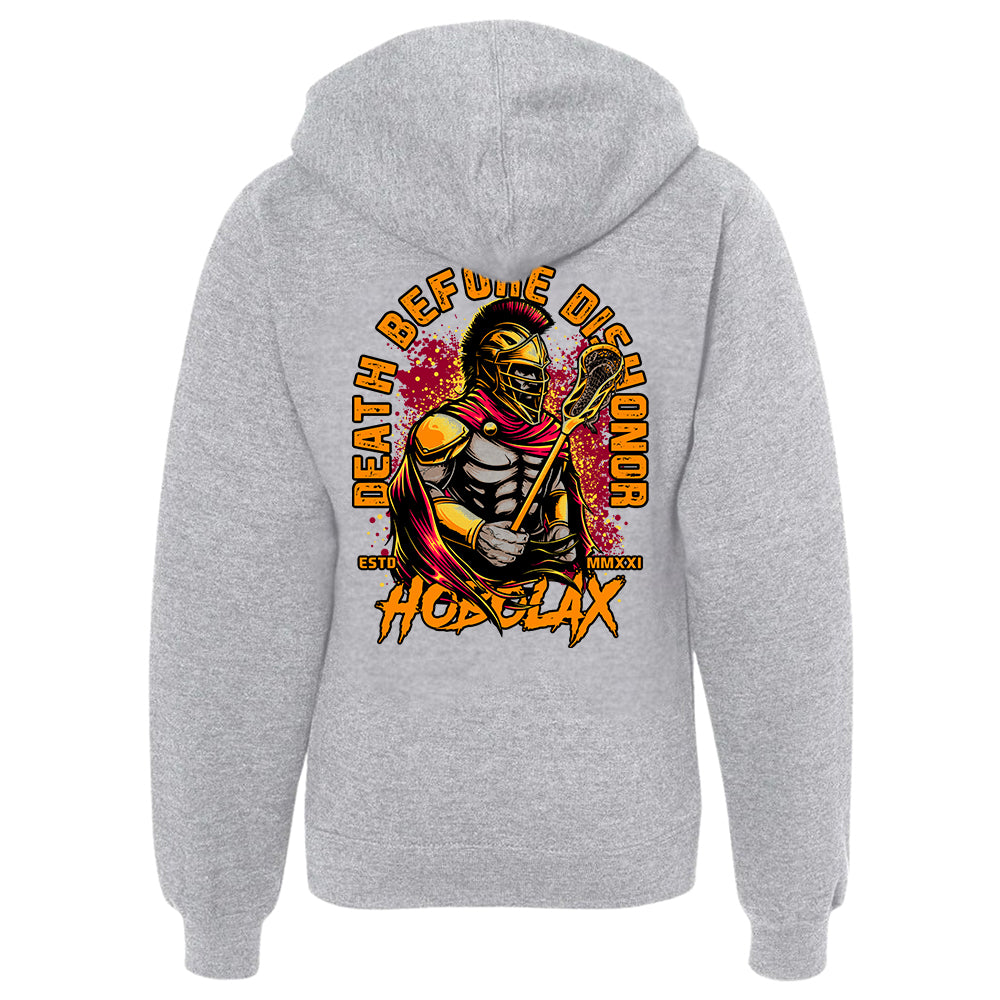 Death Before Dishonor youth black lacrosse hoodie with warrior in armor holding lacrosse stick design with gold and crimson accents from Hobo Lax