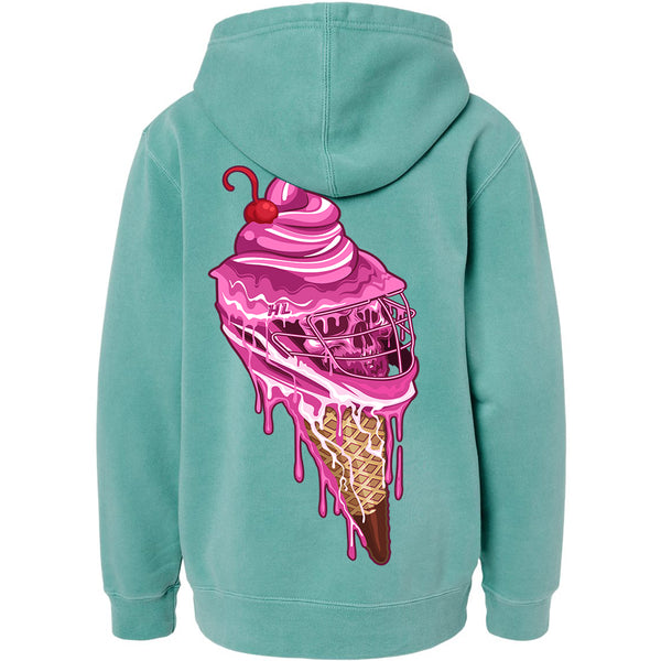 Introducing the Youth Sideline Scoop Hoodie by Hobo Lax: a pigment mint treasure featuring a striking graphic of a pink ice cream cone melting into a hockey mask, topped with a cherry. Part of our Summer 2024 lineup, this piece adds playful cool to any wardrobe.