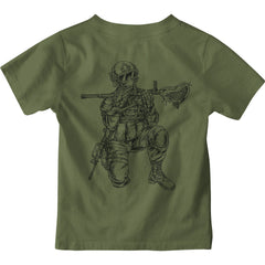 Military Green Youth Rocket Propelled Cheddar Tee by Hobo Lax, showcasing a soldier sketch with a lacrosse stick, tactical gear, and kneeling pose printed on the back. It's ideal for young lacrosse players who enjoy blending excitement with the sport.